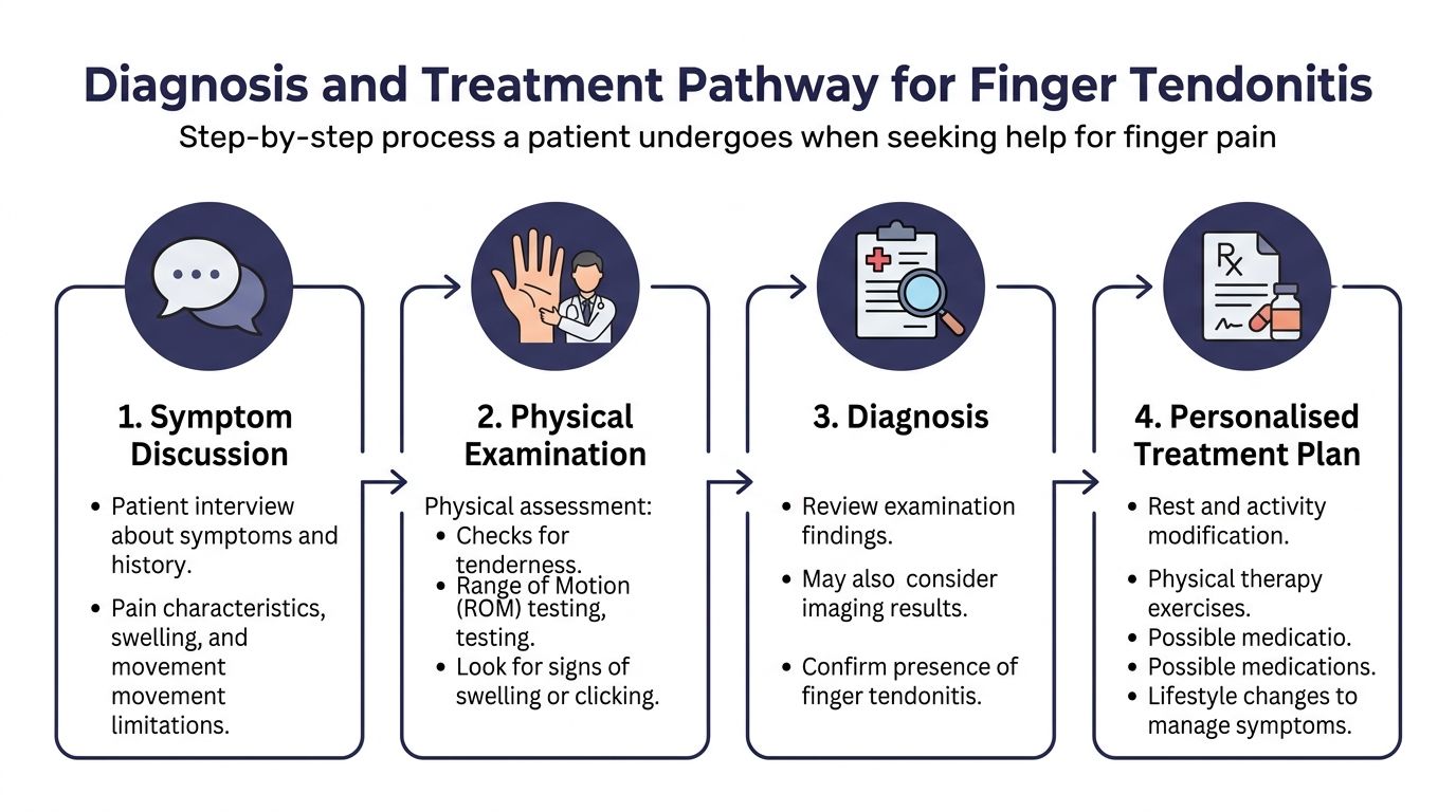 Tendonitis in Finger: Causes, Symptoms, & Relief 3 A flowchart showing the four-step diagnosis and treatment pathway for a patient with finger tendonitis.