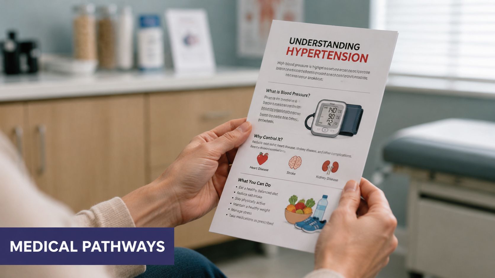 How to Treat Tennis Elbow: A GP's Step-by-Step Guide 4 A person holding an informational pamphlet about understanding hypertension in a doctor's office setting.