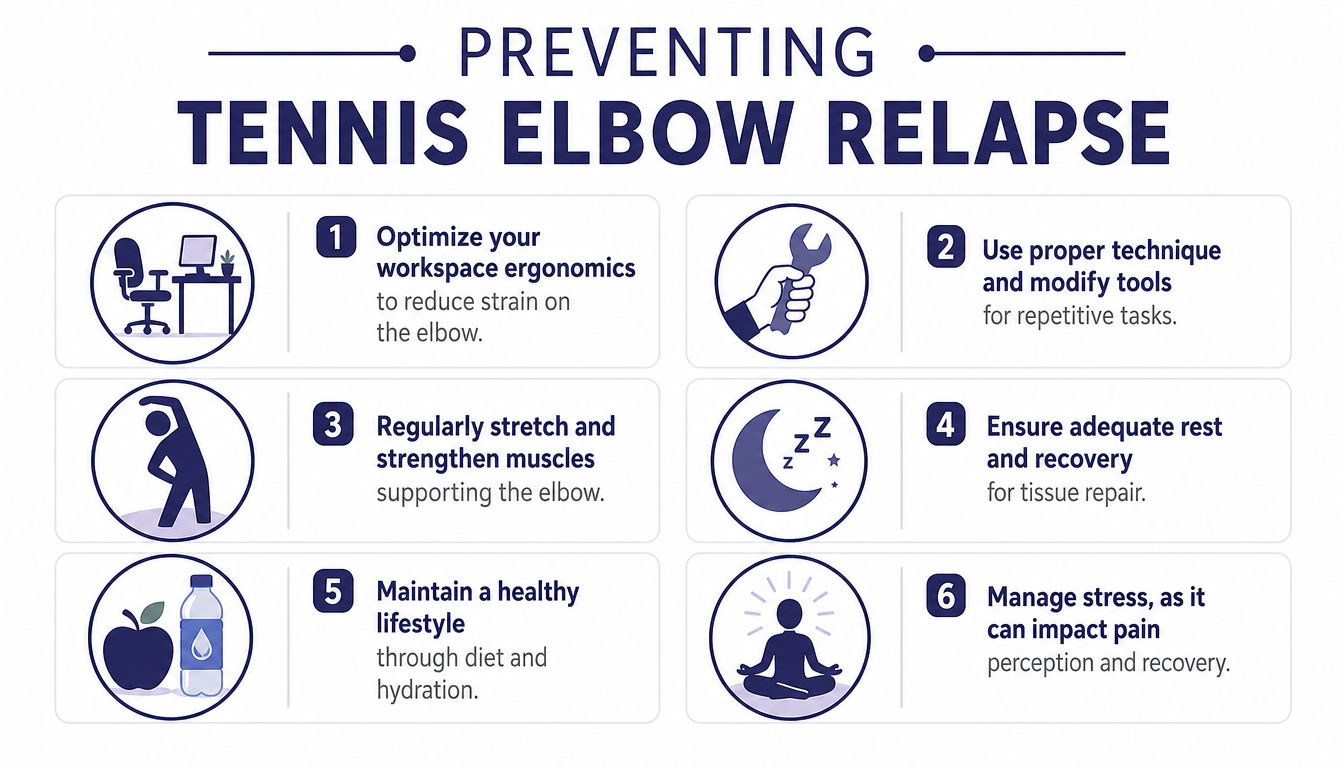 How to Treat Tennis Elbow: A GP's Step-by-Step Guide 5 A six-point infographic illustrating simple lifestyle tips and ergonomic practices to help prevent tennis elbow recurrence.