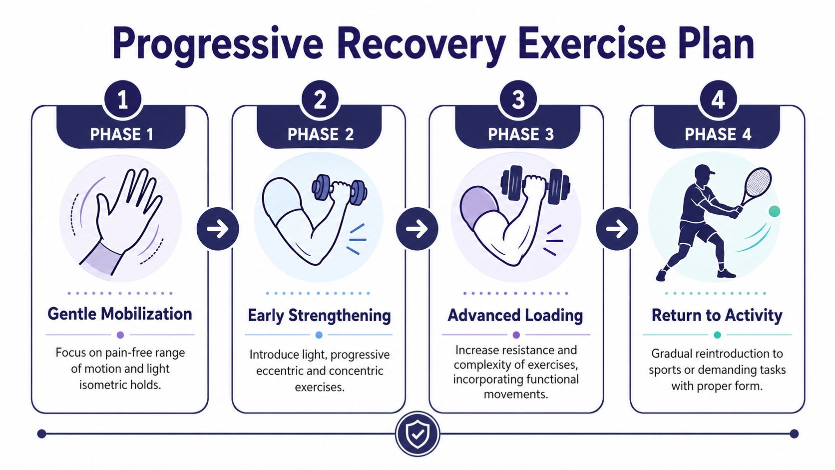 How to Treat Tennis Elbow: A GP's Step-by-Step Guide 3 A four-phase progressive recovery exercise plan infographic illustrating steps from gentle mobilization to returning to sports activity.