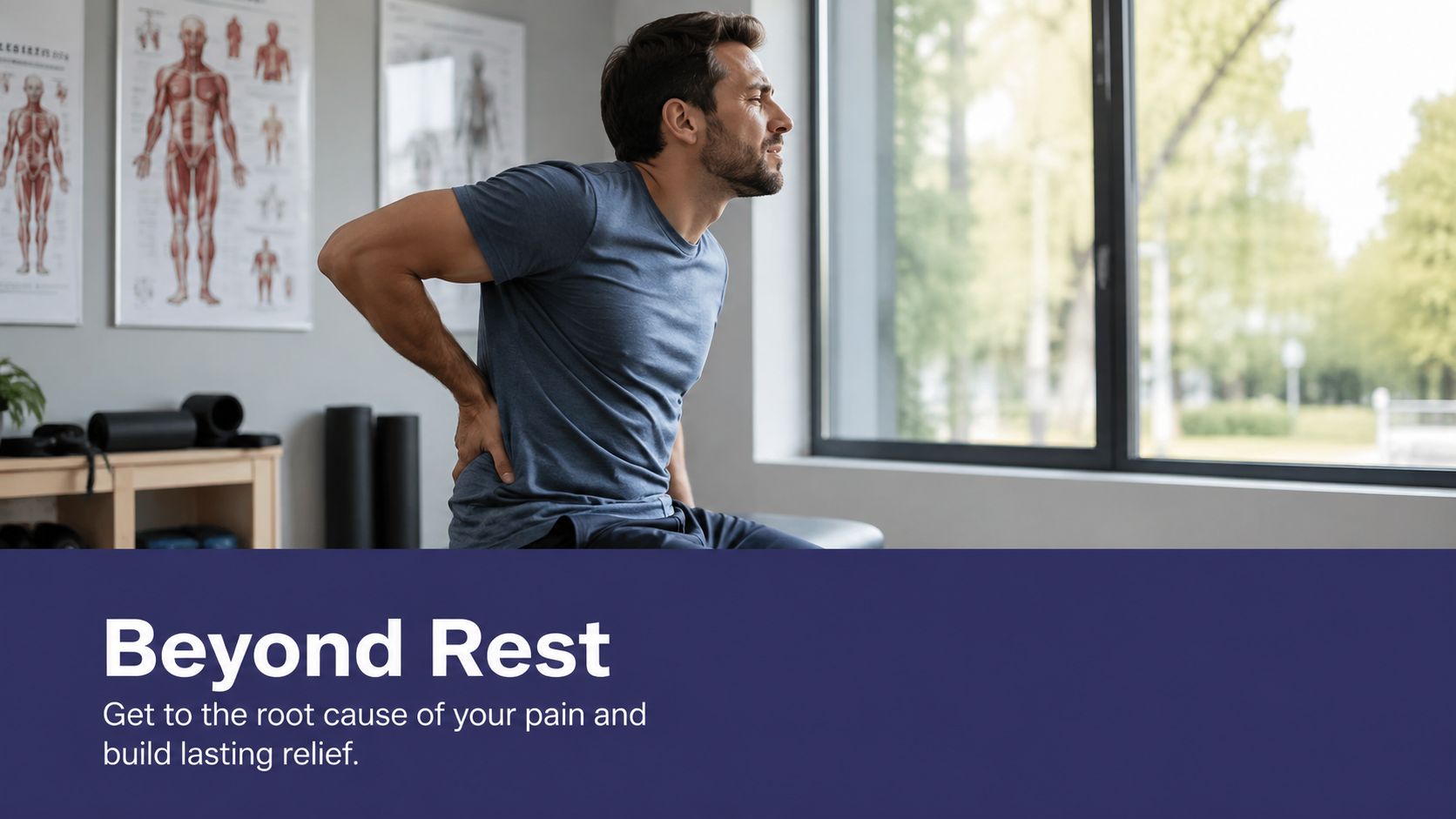 A man experiencing lower back pain while sitting in a clinical therapy or rehabilitation setting.