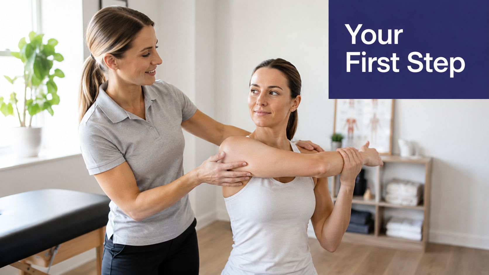 A female physical therapist assisting a patient with a shoulder stretching exercise in a clinical office setting.