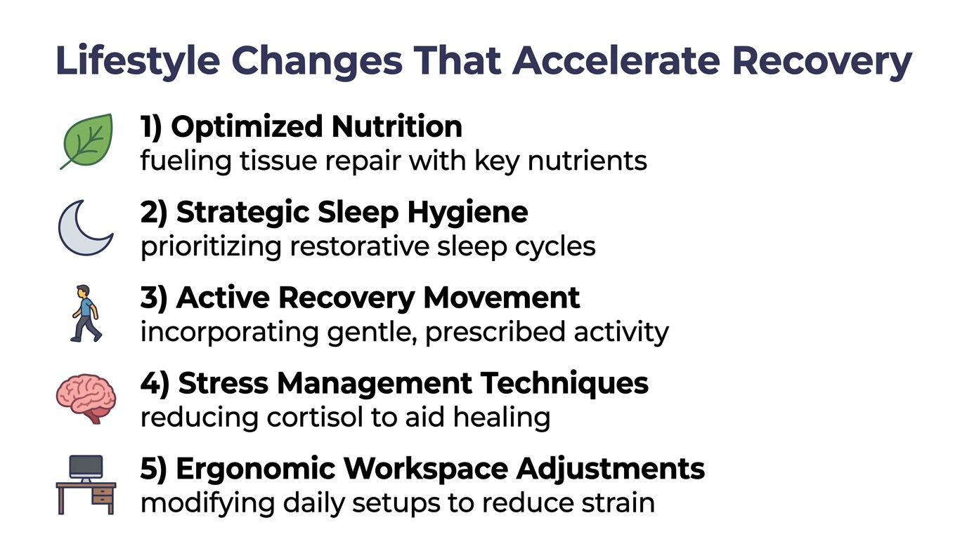 A list of five lifestyle changes including nutrition, sleep, movement, stress management, and ergonomics to aid recovery.